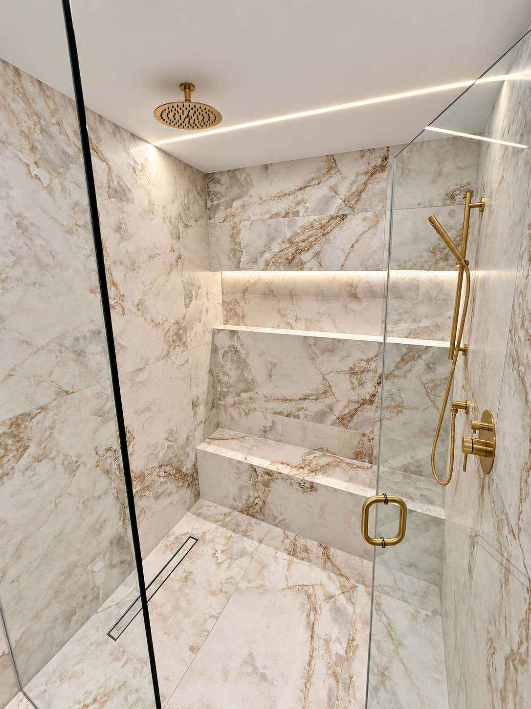 Detail of the completed shower with integrated lighting, bench and rain head