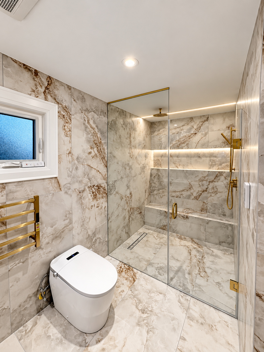 Completed frameless shower with custom bench, linear drain and brushed-gold hardware